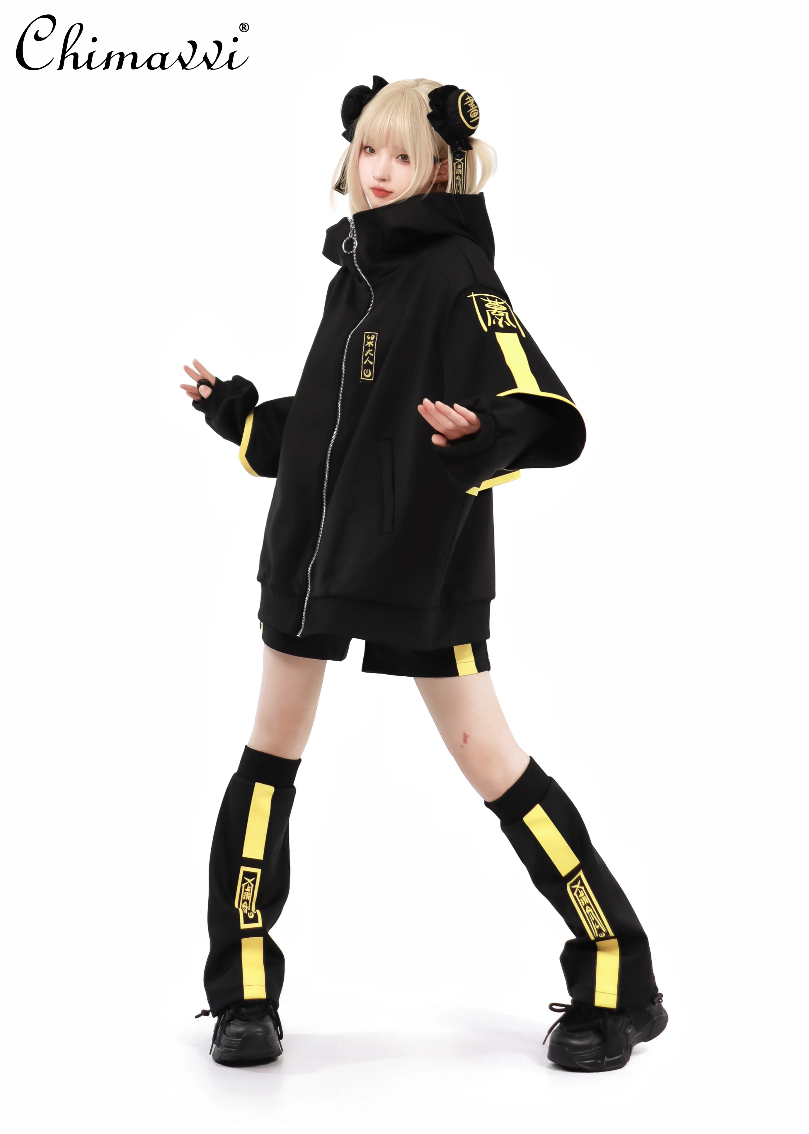 New Autumn Winter Luminous Clothing Set Girls Long Sleeve Zipper Jackets Coat Casual Shorts High Street Long Pants Foot Socks