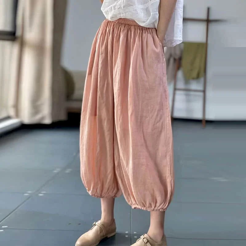 Calças de linho de algodão sólido solto casual vintage coreano moda harajuku calças lanterna cintura elástica roupas femininas