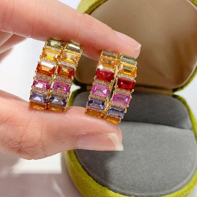 Aazuo 18K Solid Yellow Gold Natural Sapphires Real Diamonds OL Square Rainbow Lines Rings For Girls & Women Senior Banquet Party view 3
