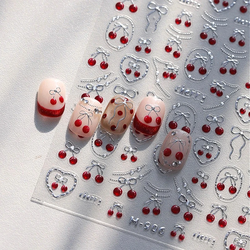 

Silver Stamped Tassel Bowknot Love Heart 3D Red Jelly Cherry Self Adhesive Nail Art Stickers Lovely Strawberry Manicure Decals