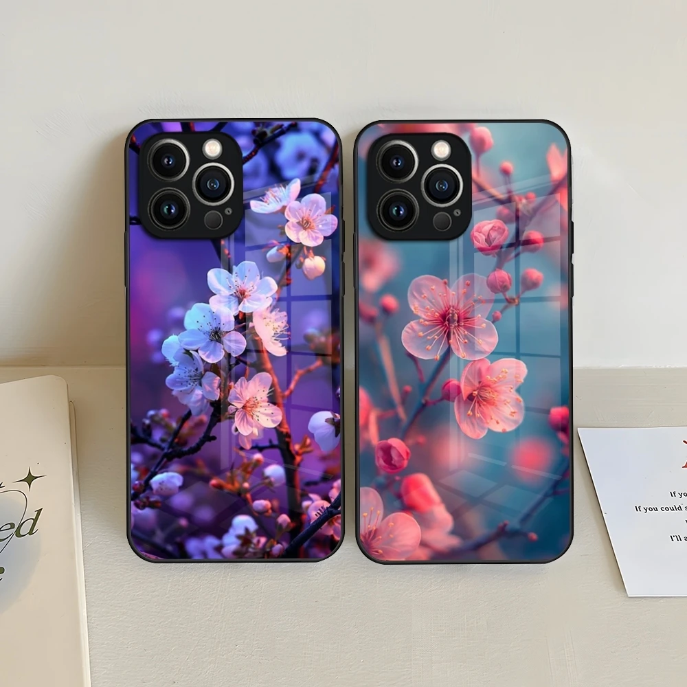 Pink Spring Cherry Blossoms Phone Case For iPhone 15 13 14 16 12 11 Pro XS Max Plus Mini X XR SE2020 Tempered Glass Coque