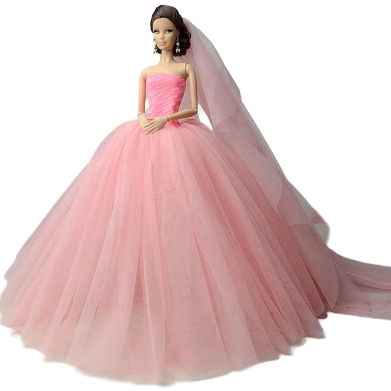 Doll Dresses Long Tail Evening Gown Wedding Dress +Veil for Barbie Doll Accessories