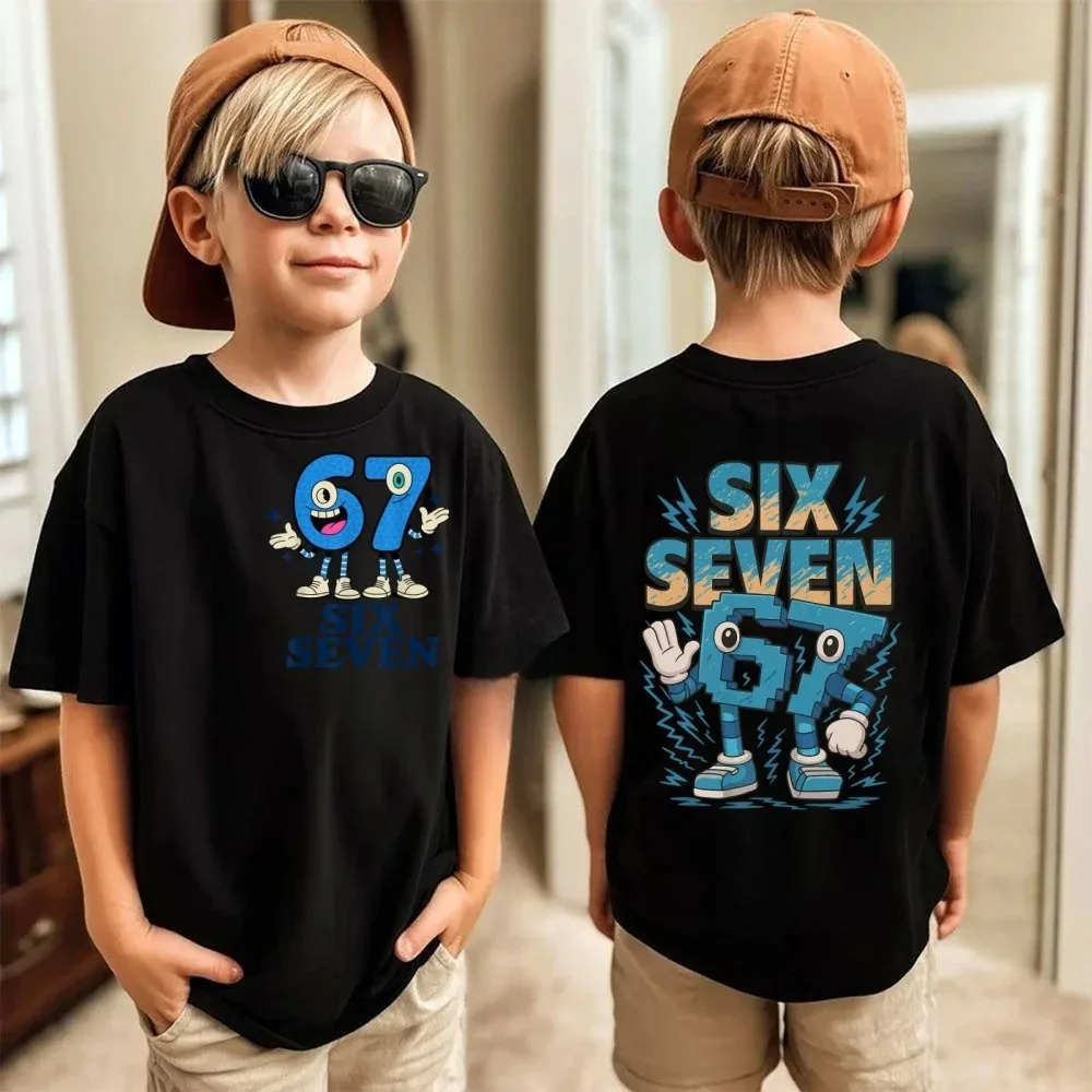 Six Seven Kids Y2k Tees Tops Unisex Childrens Meme Crew Neck Short Sleeve T Shirt Funny 67 Brainrot Print T-Shirt for Boys Girls
