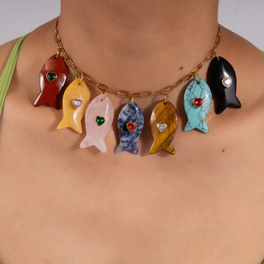 

New Arrival 2025 Zircon Inlaid Natural Stone Fish Pendant Necklace Women Fashion Jewelry Stainless Steel