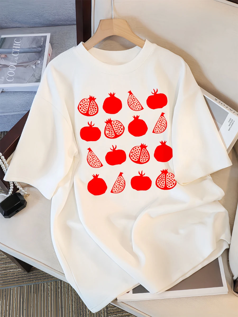 Pomegranate Form Illustration Print T-Shirt Women Casual T Shirts Soft Female Street Short Sleeve Fashion New Clothes Graphic