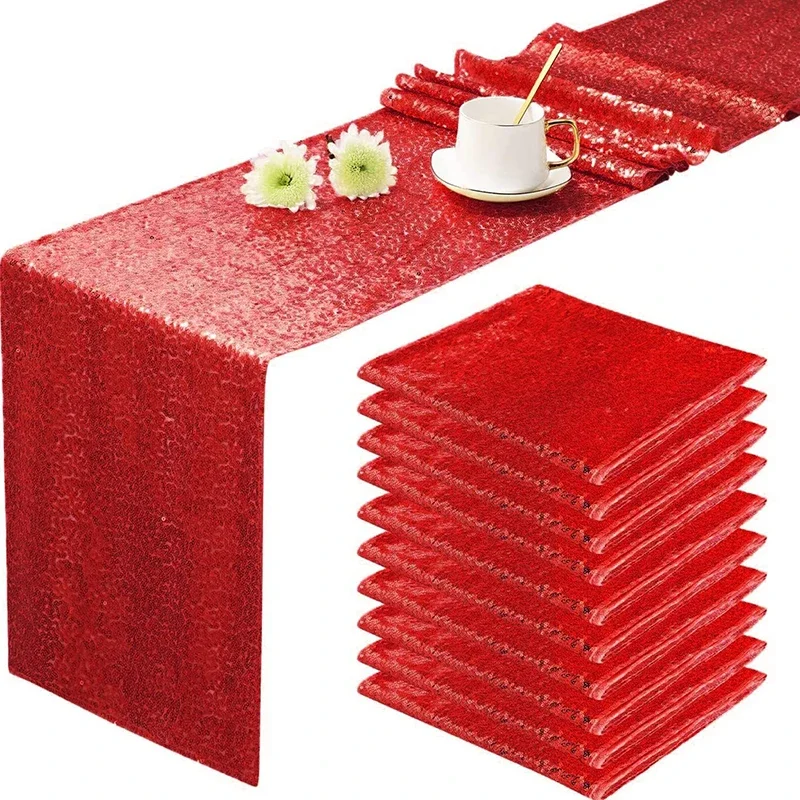 

10pcs Red Sequin Table Runners Glitter Wedding Party Bridal Shower Birthday Christmas Thanksgiving Halloween Decoration Supplies