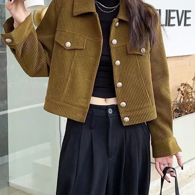 Women's Slim Fit Long Sleeve Short Jacket 2025 Autumn New Arrival Corduroy Fashion Outerwear Casual Street Style