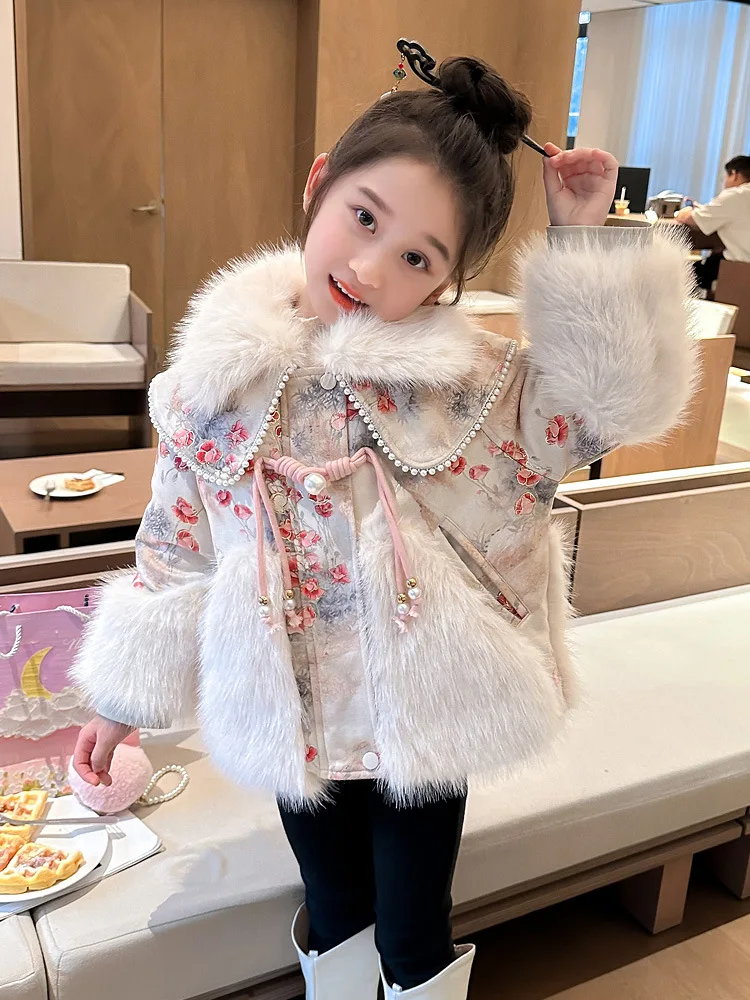 Girls' Thick Warm Imitation Fur Coat Autumn and winter New Chinese Style Fur Coat Children's Fleece Top