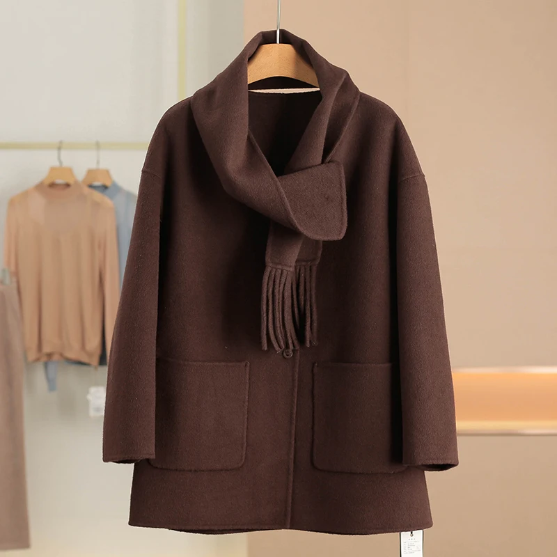 

Double-Faced Woolen Coat Winter Fashion Simplistic Style Containing Silk And Cashmere Scarf Design Women's Mid-Length Coat
