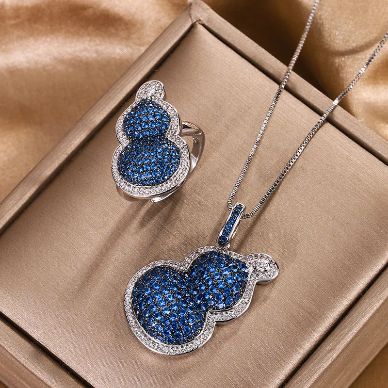

Autumn Winter New Jewelry Set Sapphire Ring Necklace Gourd Style European American Fashion Wholesale Women's