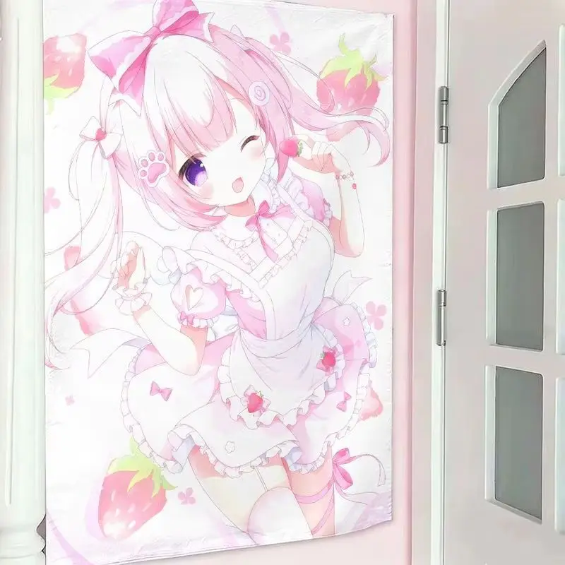 VIKAMA Pink Purple Soft Cute Girl Tapestry Cute Japanese Manga Art Wall Hanging Living Room Sofa Background Wall Room Decor