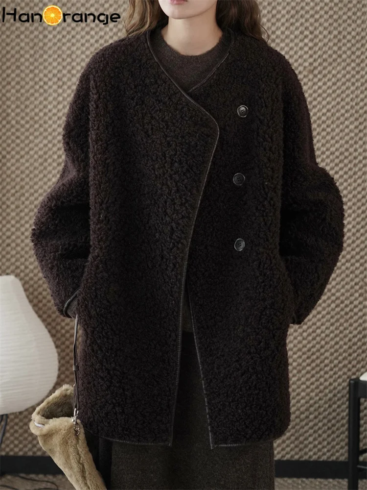 

HanOrange 2025 Winter Lazy Slant Front Button Design Plush Lambswool Loose Wool Coat Apricot/Chocolate