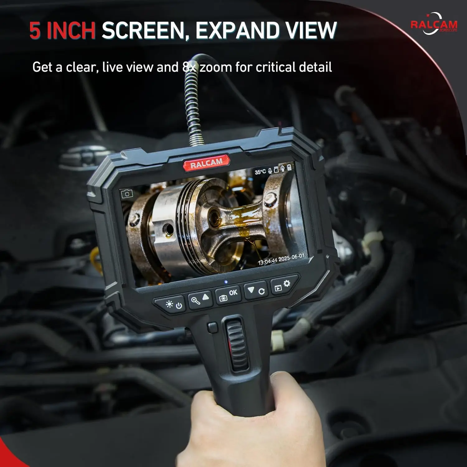 Ralcam Endoscope Camera with Light, Endoscope Camera with 210° Movable Head,  5 Inch HD Screen, 1-6M Cable for Car and Home view 2