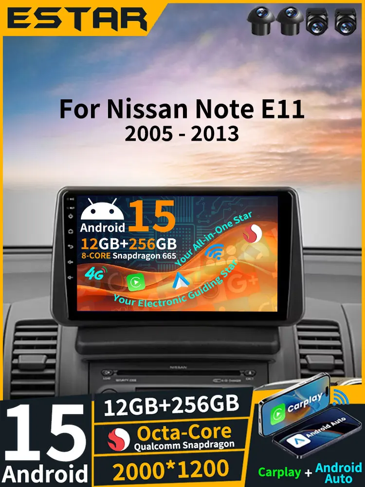 Draadloze Carplay Android 15 voor Nissan Note E11 2005 - 2013 Stereo 360 Camera Autoradio BT GPS WIFI 4G LTE DSP Videospeler RDS - afbeelding 2