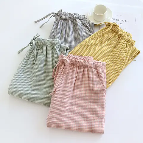 여성 체크무늬 디자인 파자마 팬츠, 루즈핏 롱 팬츠, 코튼 용수철, 가을