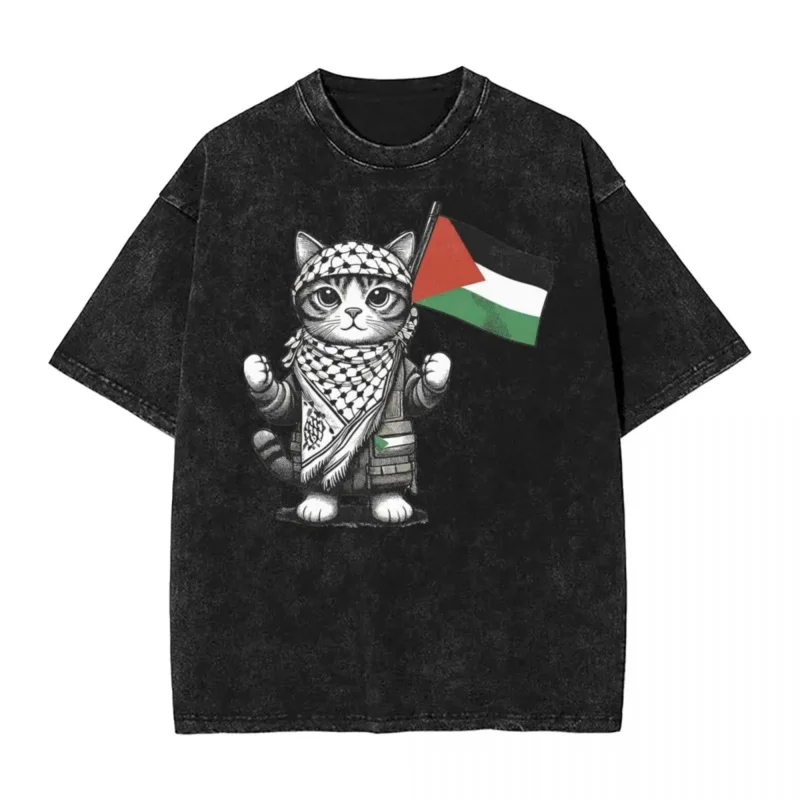 Palestinian Palestine Cat Washed T Shirt Streetwear Hip Hop Vintage T-Shirts Tee Shirt Men Women Cotton Harajuku Summer