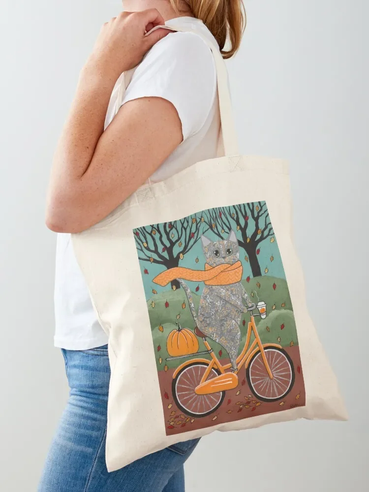 Autumn Grey Tortie Bicycle Ride Cat Tote Bag custom tote bag tote bag