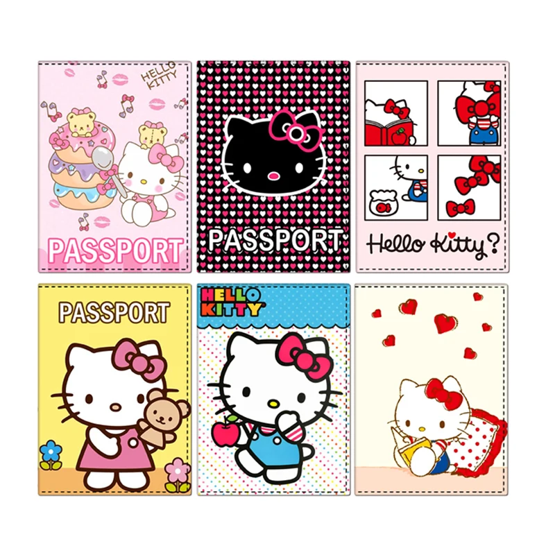 Sanrio-Funda de cuero PU para pasaporte de Hello Kitty para mujer, billetera de cuero PU con dibujos animados, almacenamiento de tarjetas bancarias,