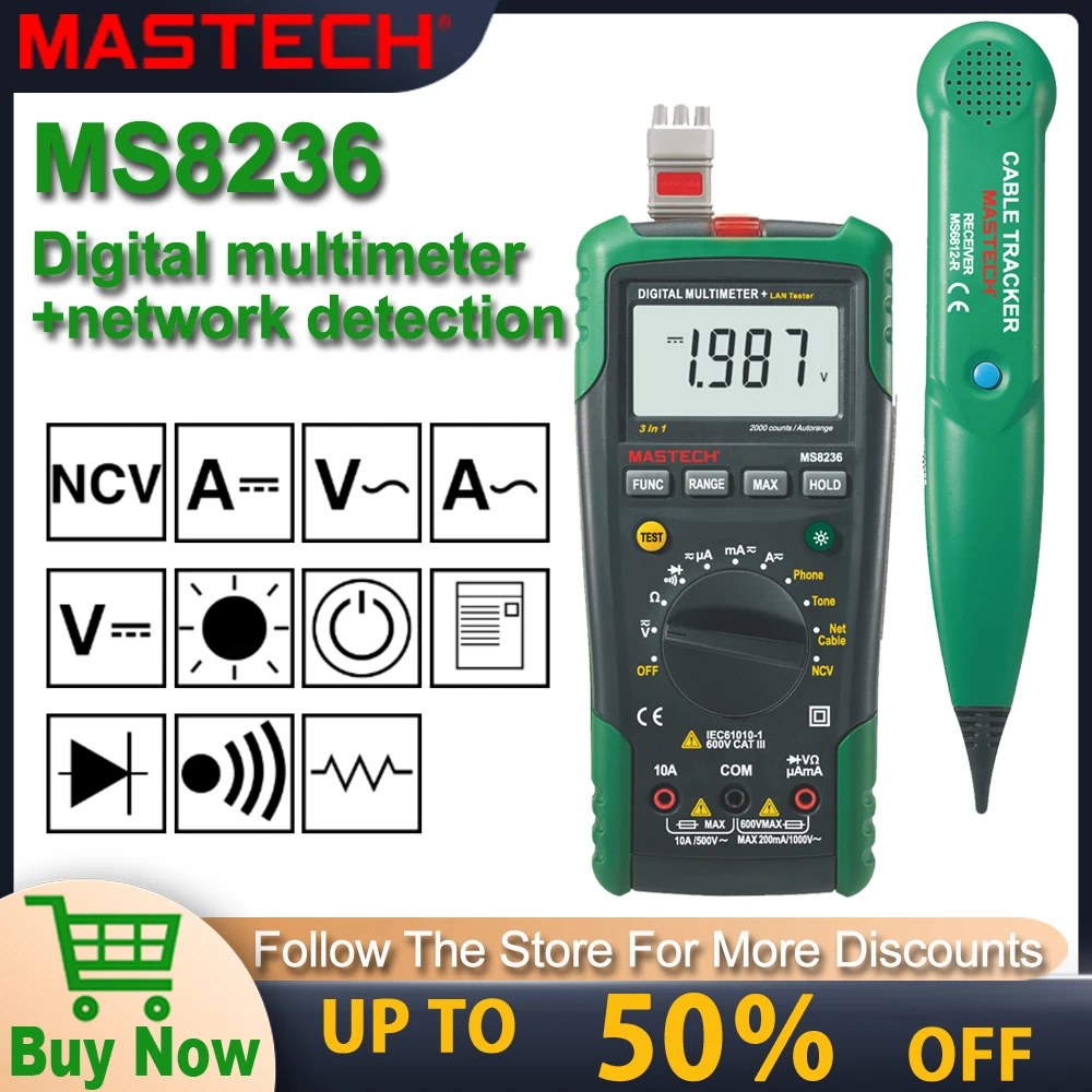 MASTECH MS8236 Auto Range Digital Multimeter LAN Tester Net Cable Tracker Tone Telephone Line Check Noncontact Voltage Detect