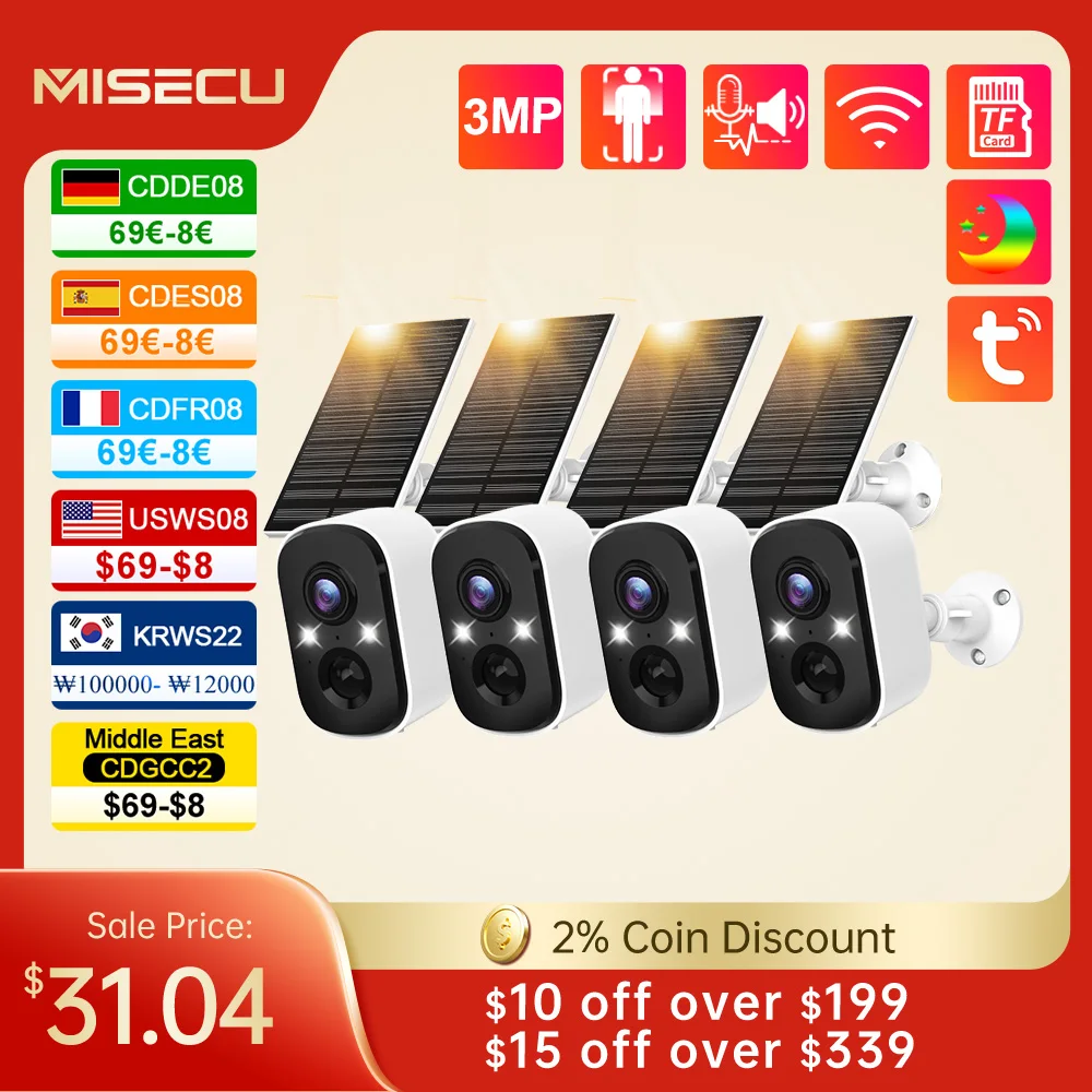 MISECU Tuya 3MP WIFI Security Battery Camera + Solar Panel Color Night Outdoor Human Detect Surveillance IP Camera Two-way Audio