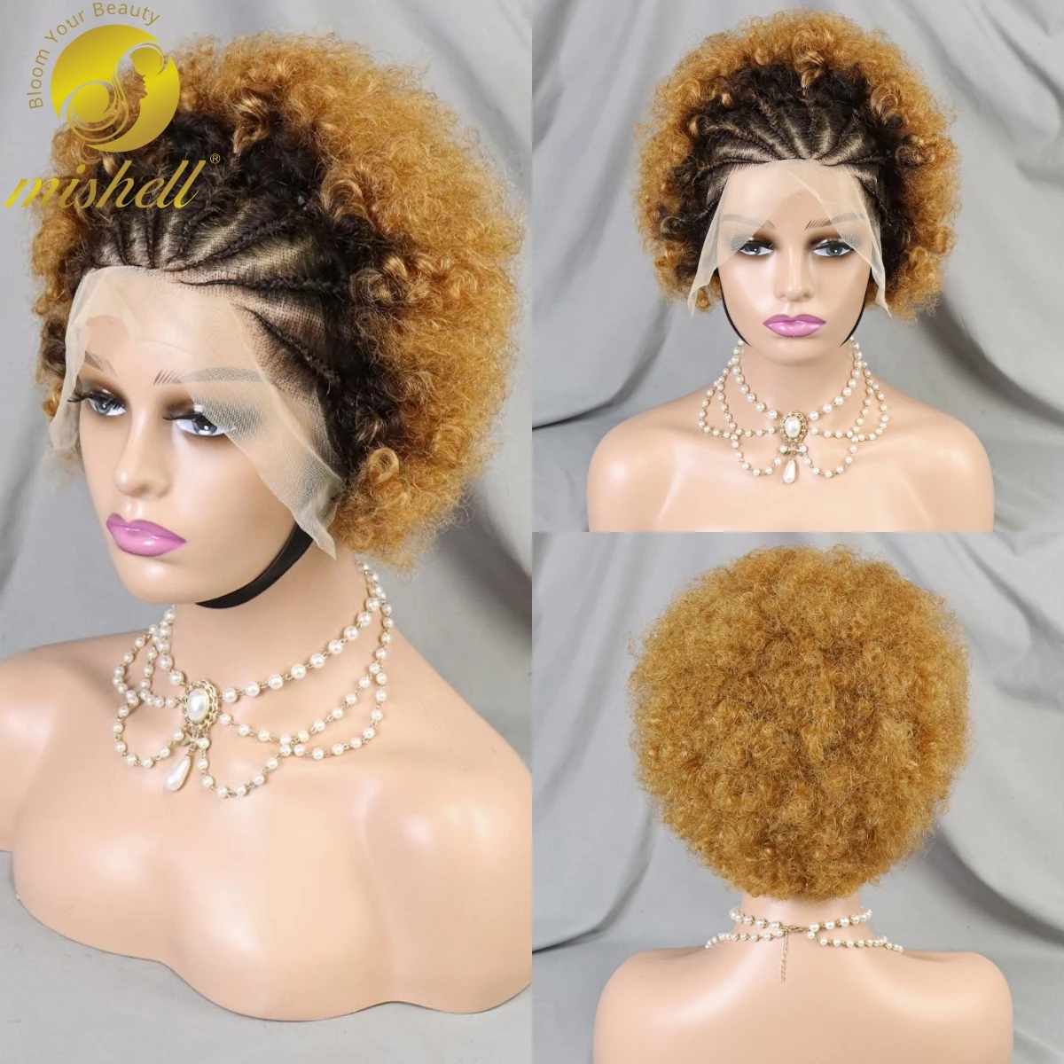 

1BT30 Color Afro Kinky Curly 200% Density Human Hair Wig With Braids 13x4 Transparent Lace Bouncy Curly Short Bob Wig Preplucked