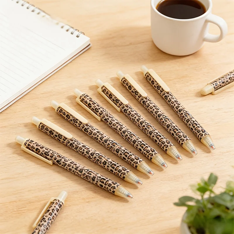 Leopard Print Retractable Ballpoint Pens – Stylish Smooth Writing Office Stationery Set, Black Ink, No Cap, Multi-Color Barrel