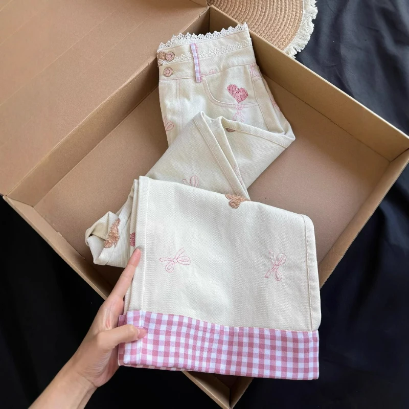 

Women Print Jeans Casual Spliced Wide Leg Pants Denim Pant Elegant Pockets Patchwork Office Lady Pockets Button Spring Autumn