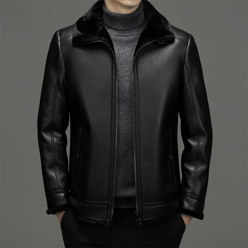 

Men's Leather Jackets Winter Plush Thickened Lapel Genuine Jacket for Men Black Loose Casual Coats Chaqueta Hombre