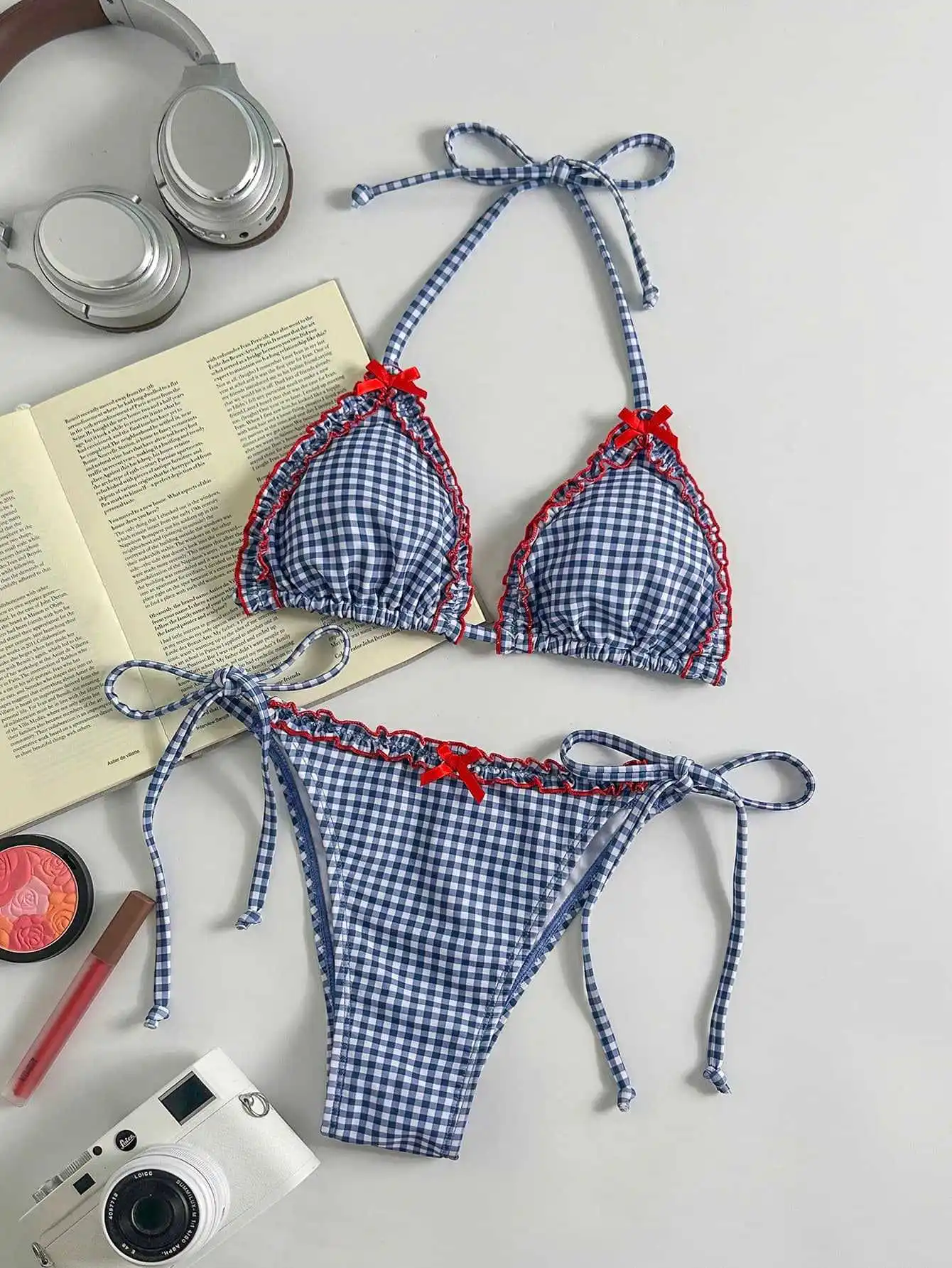 sexy blue plaid red bow halter back tie bikinis sets two pieces thong swimsuits bathing suit swimwear biquini tankini trikini