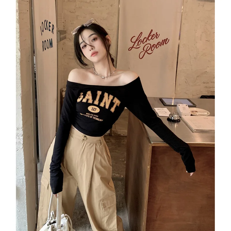 Boweylun Fashion One Shoulder Letter Printed Pleated Stretch Short Long Sleeve T-Shirt Women's Skin-friendly And Breathable
