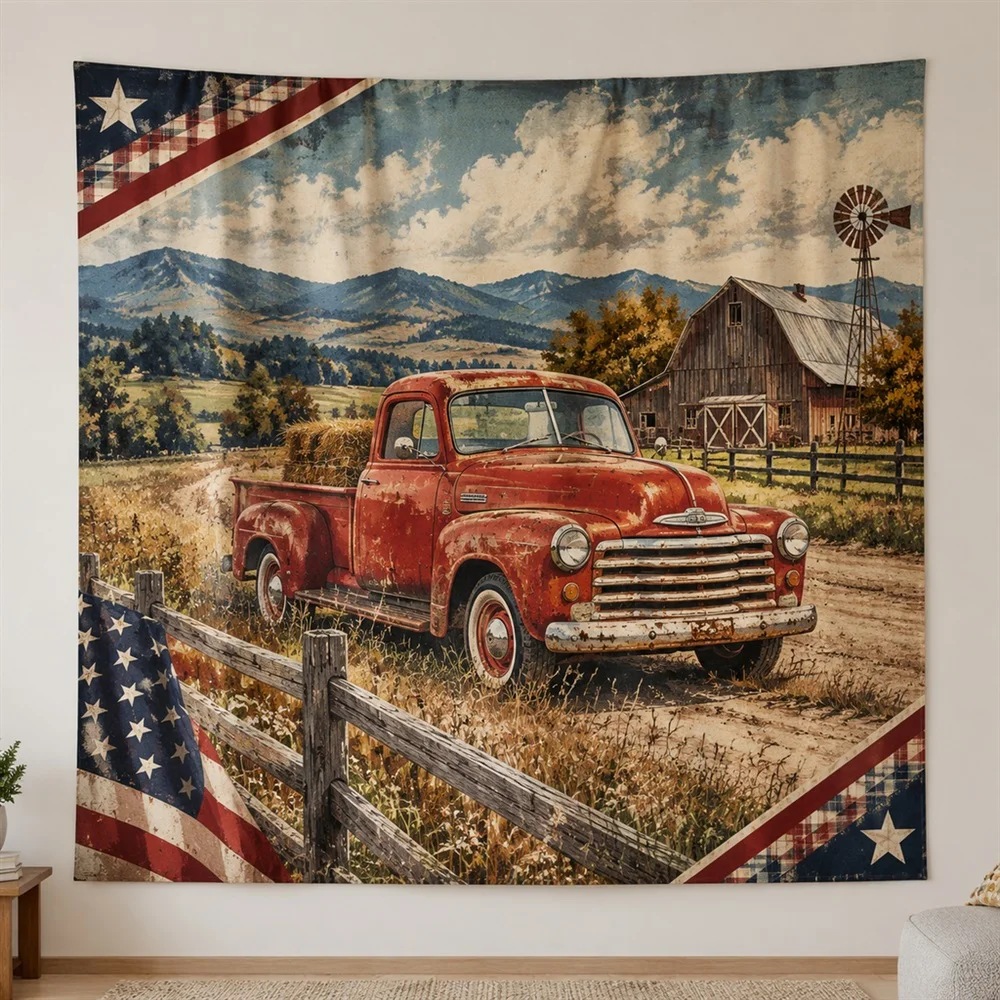 VIKAMA Vintage Pickup Truck Diagonal Flow Tapestry Wall Hanging, American Wall Decor Tapestries for Bathroom Bedroom Living Room