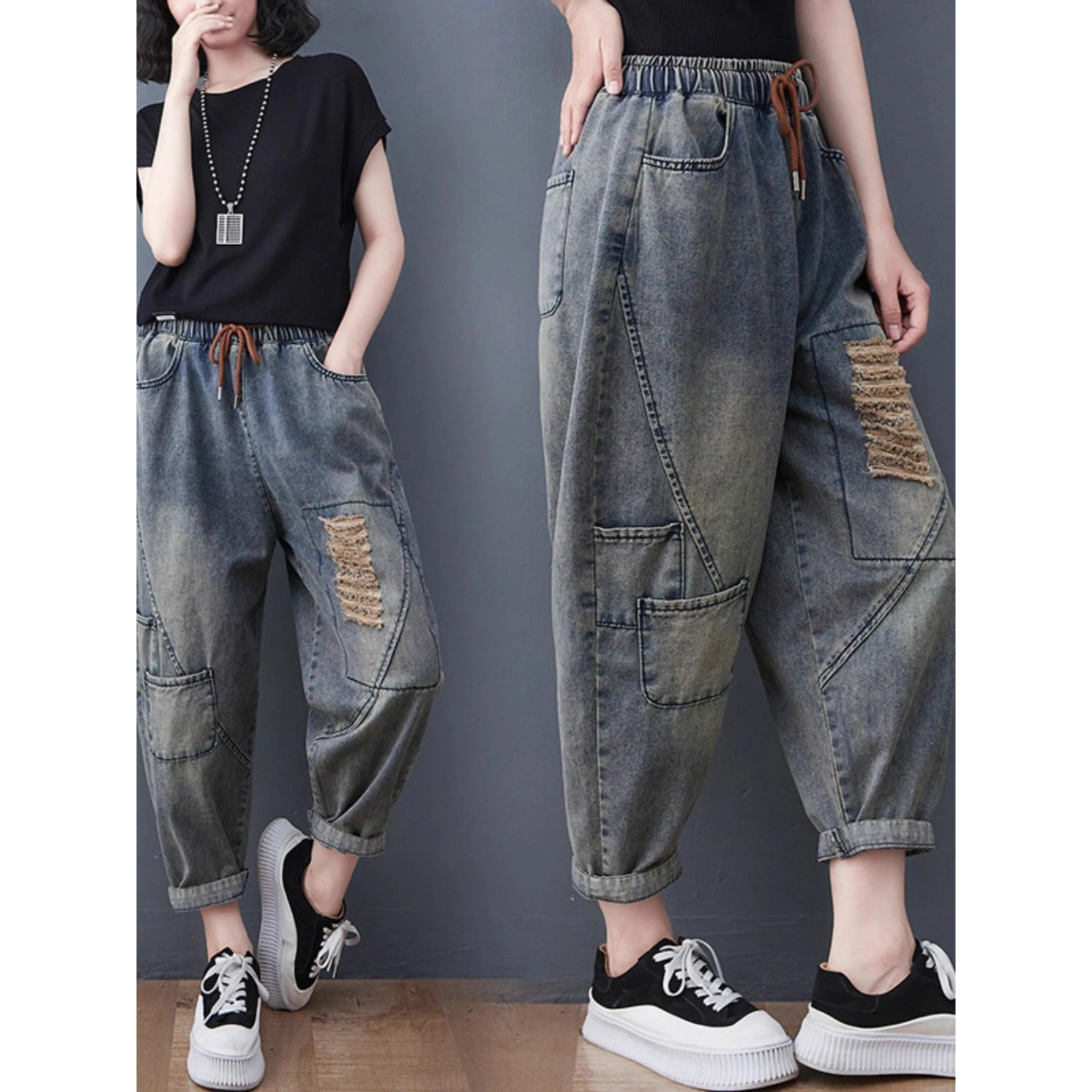 

Свободные мужские джинсовые джинсы, осень-зима, большие размеры 300, брюки-харлан, винтажные повседневные брюки с выцветшим дизайном для пар