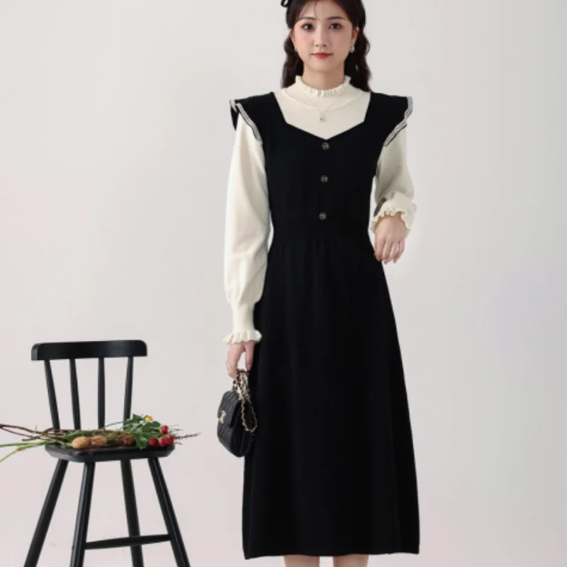 

Women Clothing Korean Hepburn Style Dress 2023 Autumn/Winter Fashion New Vintage Black Panel Knitted Mid Length A-lineSkirt