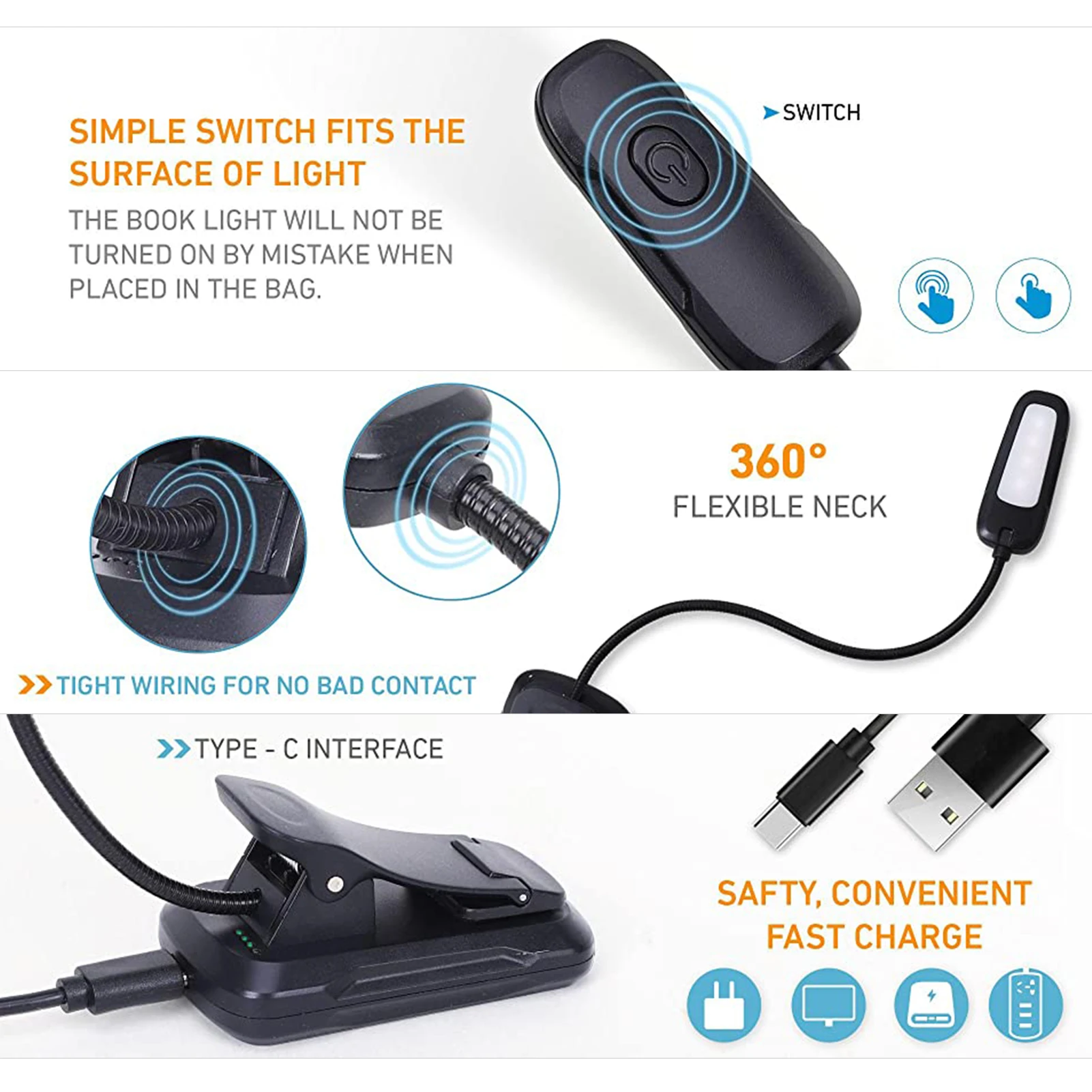 مصابيح قراءة ليد محمولة بمشبك للكتب في السرير ، مصباح USB قابل لإعادة الشحن ، حماية العين ، 3 ألوان و 3 ألوان سطوع للأطفال #5