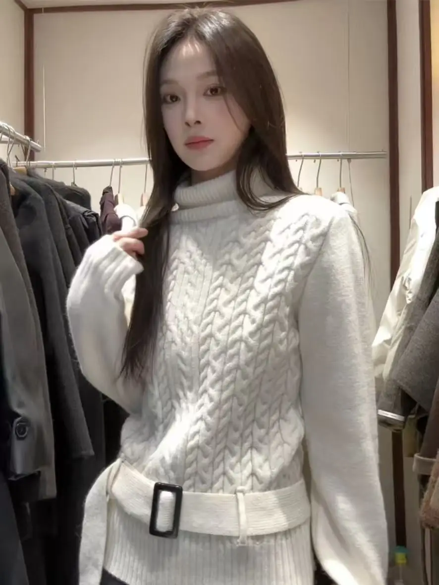 한국 슬레 하이넥 트위스트 스웨터 여성용 가을 겨울 루즈핏 허리 조임 부드럽고 포근한 니트 베이스 레이어 탑