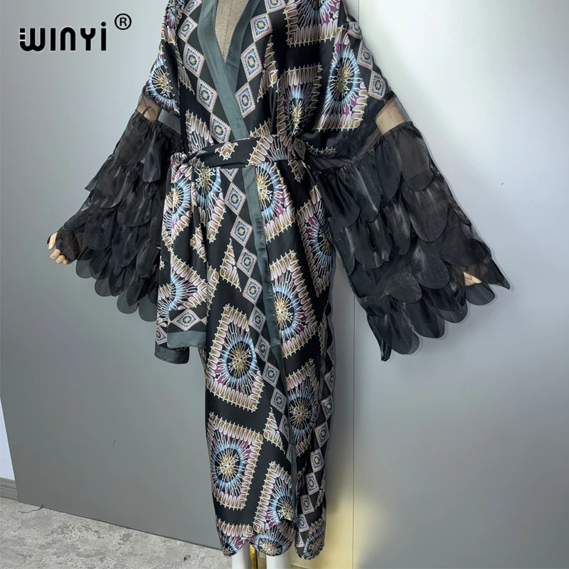 كيمونو نسائي أنيق من WINYI لقضاء العطلات، معطف طويل الأكمام، عباءة دبي فاخرة، ملابس شاطئ، فستان بوهيمي، قفطان للعطلات
