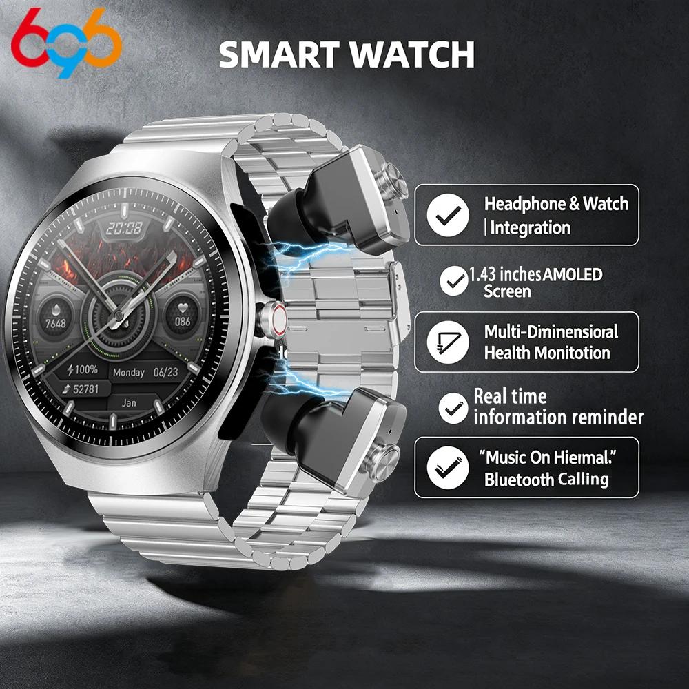 

Музыкальные смарт-часы со встроенными наушниками, 1,43-дюймовый AMOLED HD-экран, мониторинг сердечного ритма и здоровья, мужские часы, женские часы, спортивные режимы