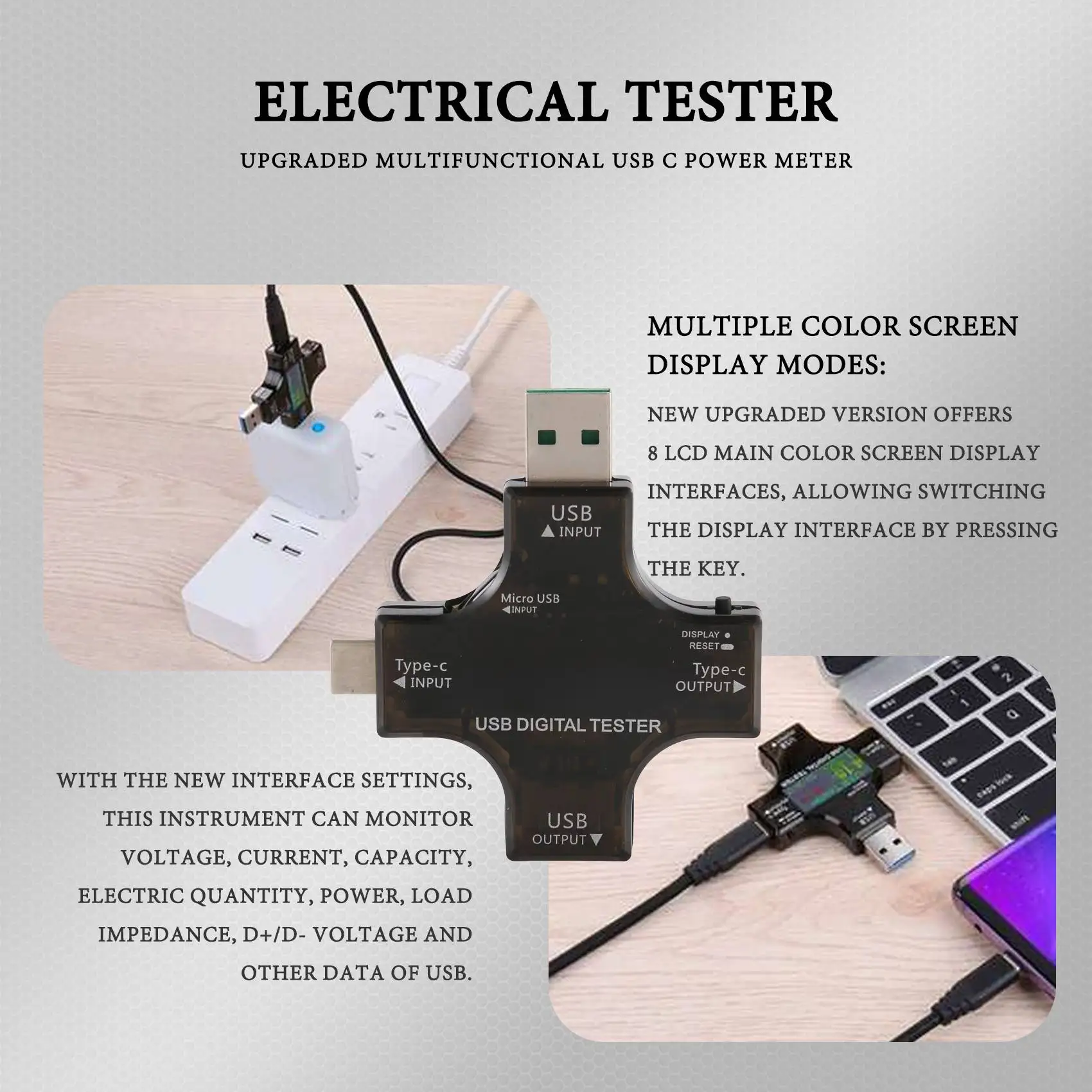 مقياس متعدد رقمي بشاشة LCD ، جهاز اختبار USB 2 في 1 من النوع C ، شاشة ملونة ، جهد ، تيار ، فولتميتر ، مقياس التيار الكهربائي ، كاشف