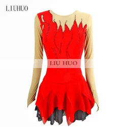 LIUHUO Women Girls Performance Ballet Competition Leotard Ice Figure Skating Dress Dance Costume Skirt Red Teens Round Neck Kids