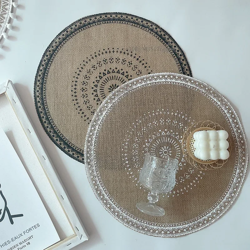 Vintage Pastoral Round Cotton Linen Placemats Handwoven Jute Tassels Placemats Soft Non-slip Table Pads Vase Mats Accessories