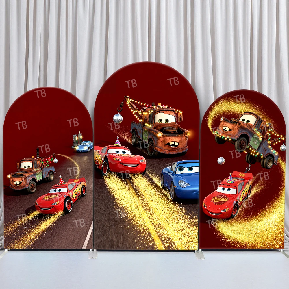 

Disney Pixar Cars Arch Backdrop Cover Birthday Baby Shower Party Hat Gold Glitter Lights Theme for Kids Party Photo Booth Decor