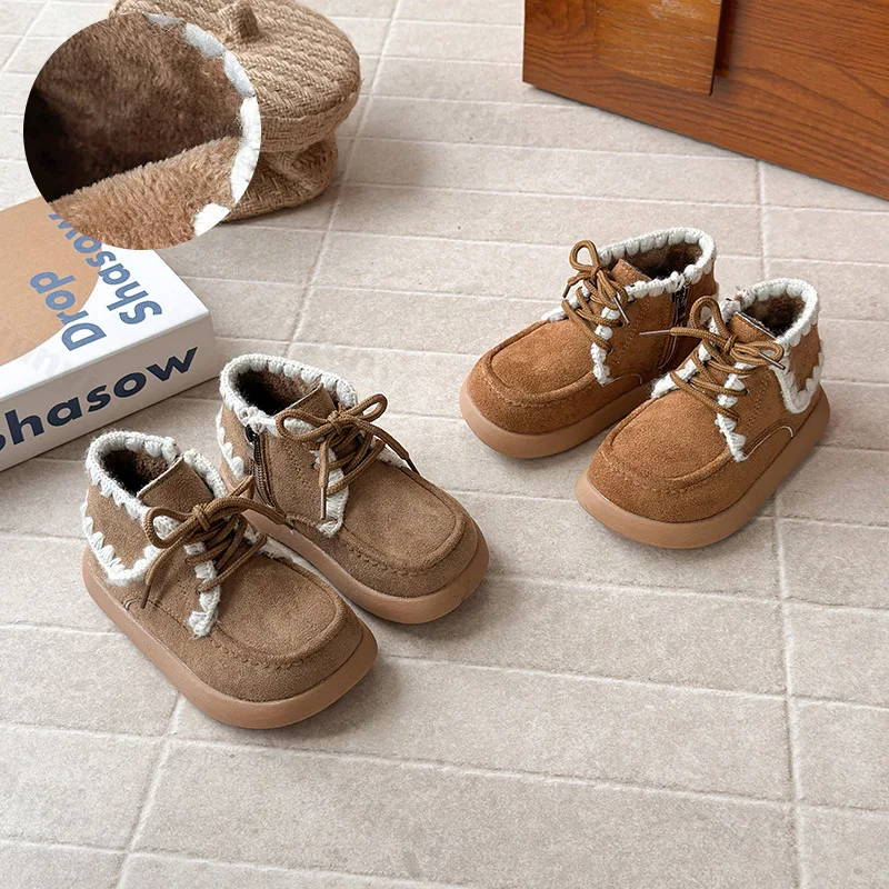 

Теплые бархатные повседневные короткие ботинки в стиле ретро для мальчиков, зимние детские модные универсальные плюшевые удобные хлопковые ботинки на массивном каблуке 2023 года