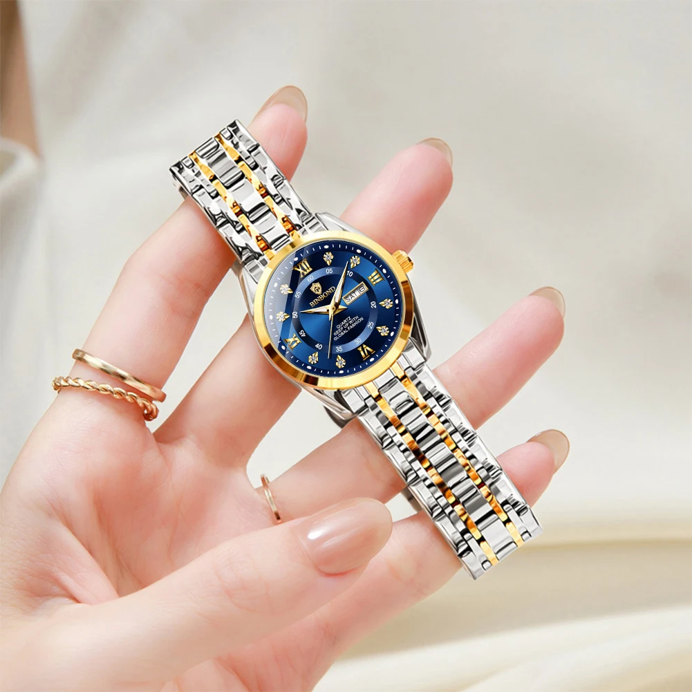 BINBOND Women's Watches B7169L Luxury Fashion Original Quartz Watch for Lady Waterproof Luminous Date Week Dual Calendar Trend