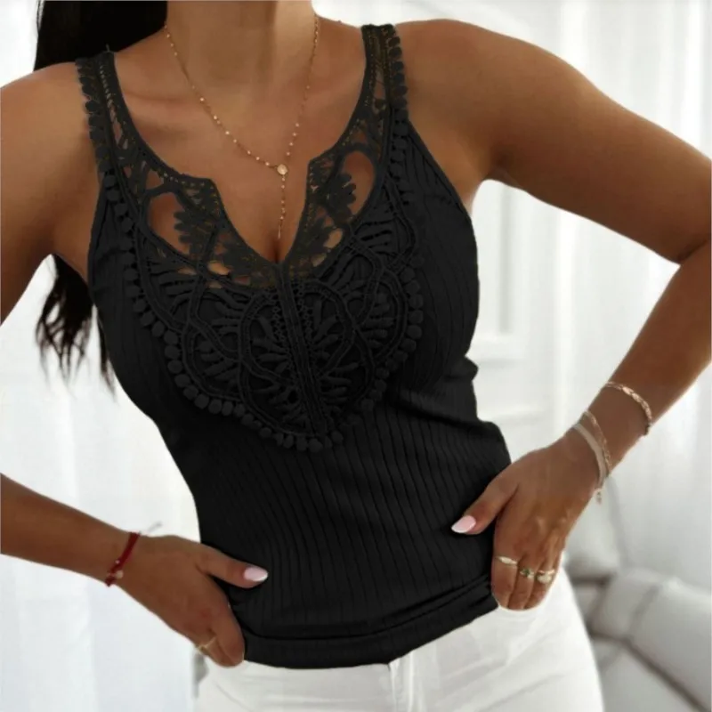 2025, Sommer-Kontrast-Spitzen-Tanktop für Damen, einfarbig, V-Ausschnitt, ärmellos, aushöhlen, gestrickt, Netz-Tops, lässig, schmale Passform, T-Shirt, Basics, Tank