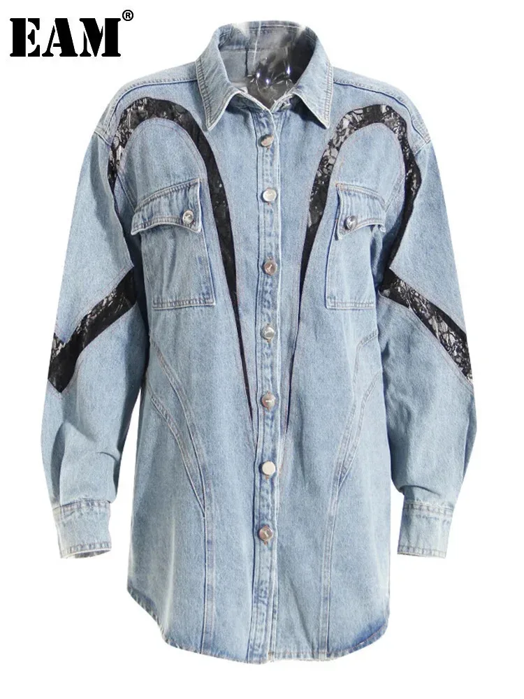 [EAM] Loose Fit Blue Denim Lace Big Size Casual Jacket New Lapel Long Sleeve Women Coat Fashion Tide Spring Autumn 2025 1DH1698