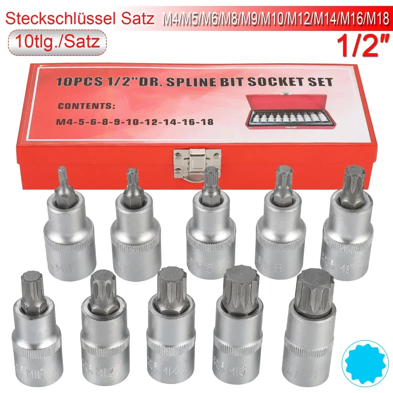 10PCS Multi-Tooth Sleeve Multi-Size 1/2inch Drive Head Sleeve Set Socket Set Socket Wrench Kit Bolt Iron Box Packed