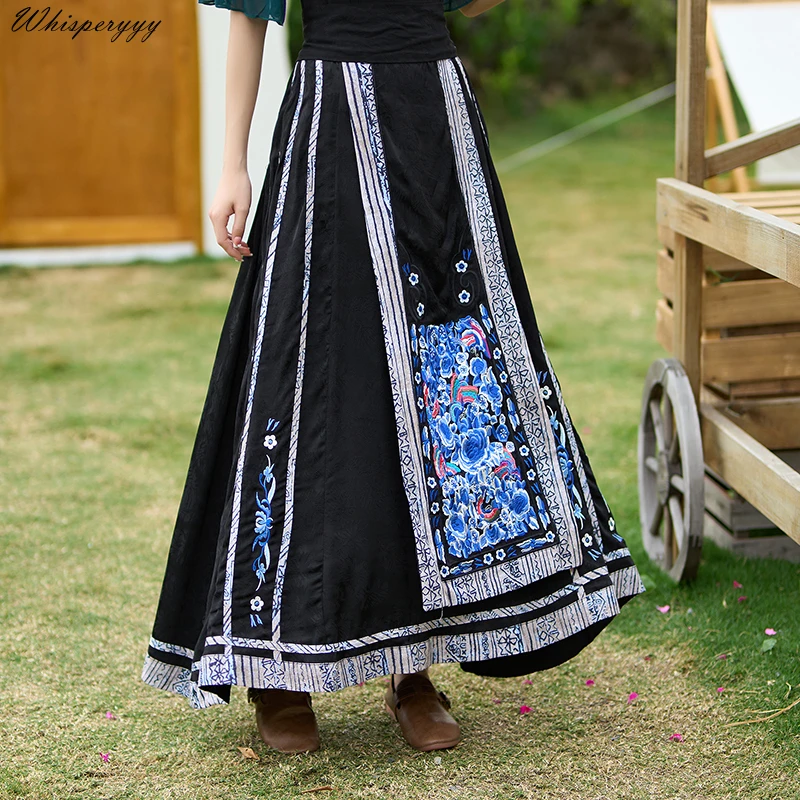 Embroidery Hanfu Skirt Women Improvement Daily Horse-face Skirt Pleated Chinese Style Mid-length High-waisted A-line Skirt