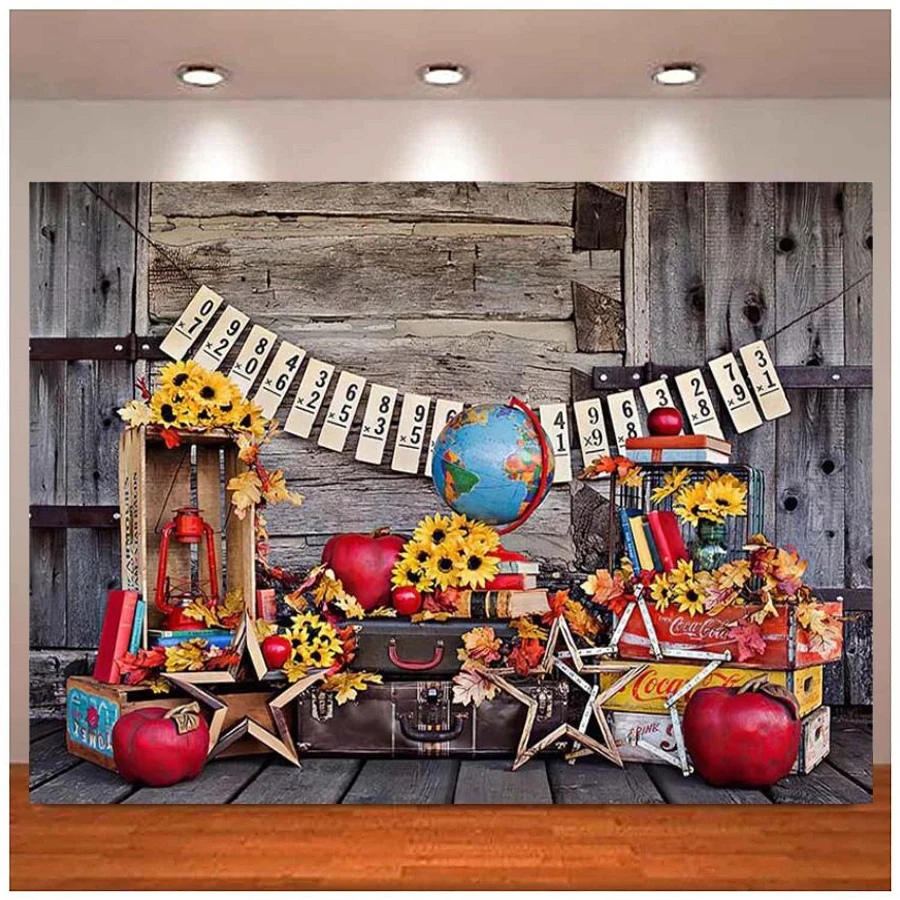 

Photography Backdrop Vintage Wooden Wall Back To School Globe Kids Portrait Birthday Banner Photo Studio Background Decoration