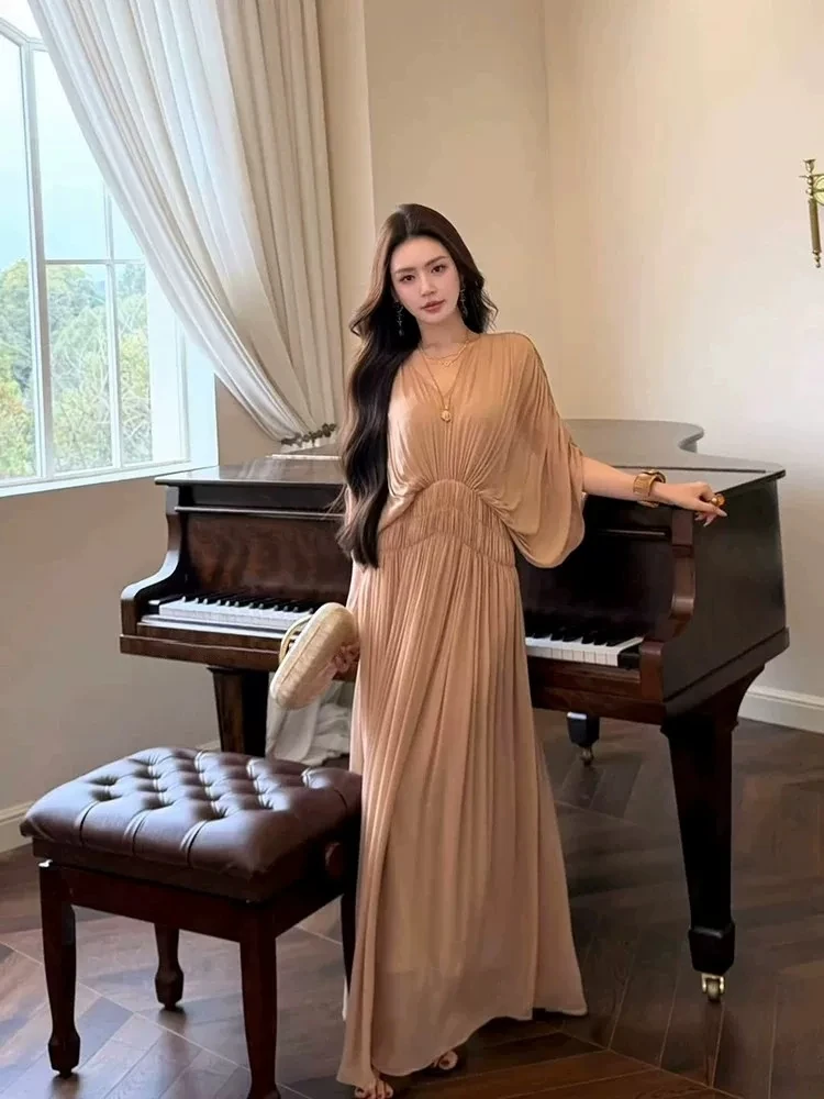 

XZY Gentle Pleated V-neck Long Sleeve Women's Dress Summer Batwing Sleeve Waist-cinching Maxi Dress Casual Travel Holiday
