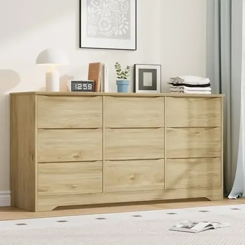Wooden Dresser with 9 Drawers, Tall Modern Closet with Deep Storage, Large Chest of Drawers with Wide Top, Long Storage